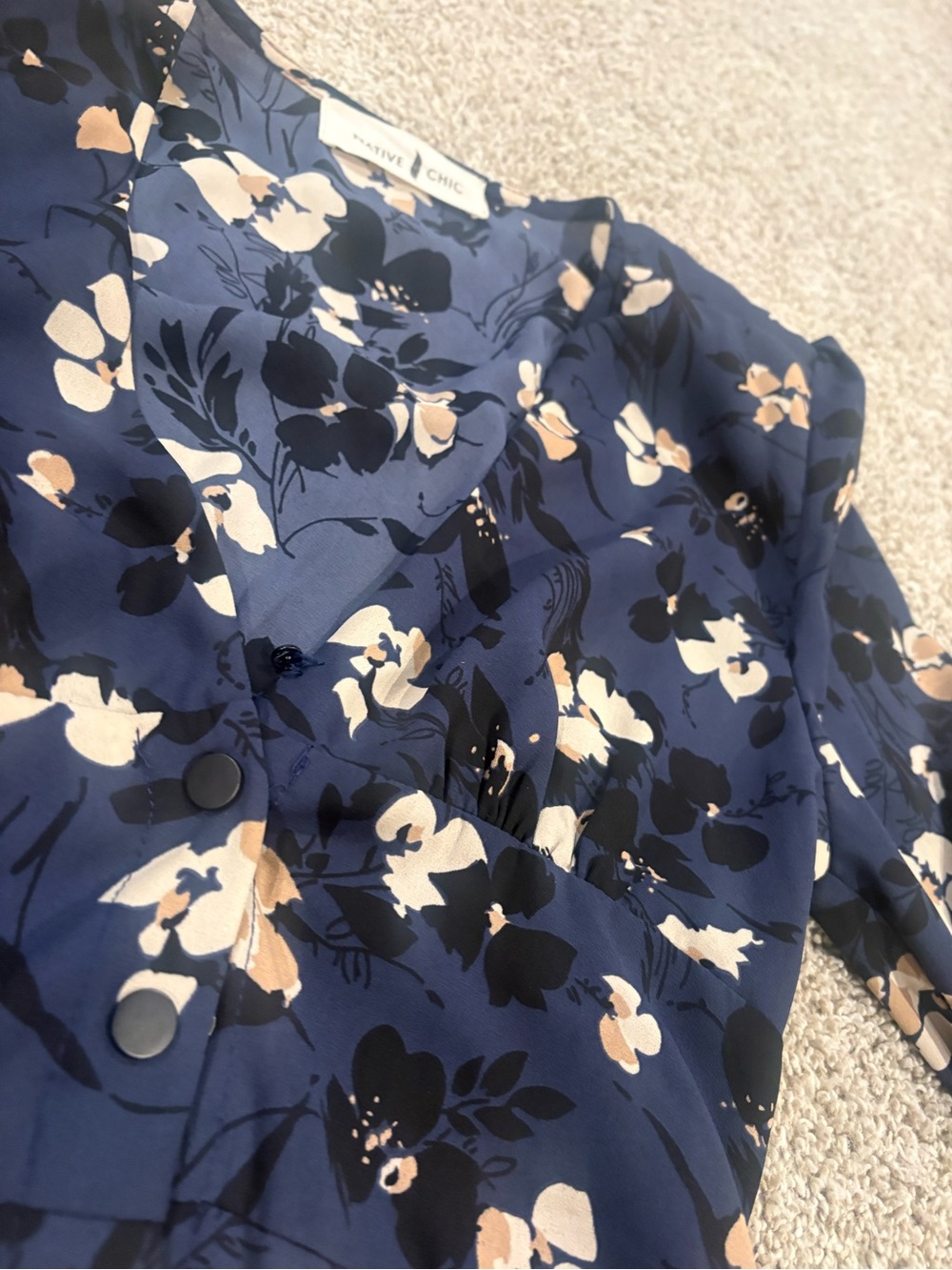 Native Chic Navy Floral Dress Shoulder Pads Smocked Waist Fall Festival Midi - Picture 5 of 6